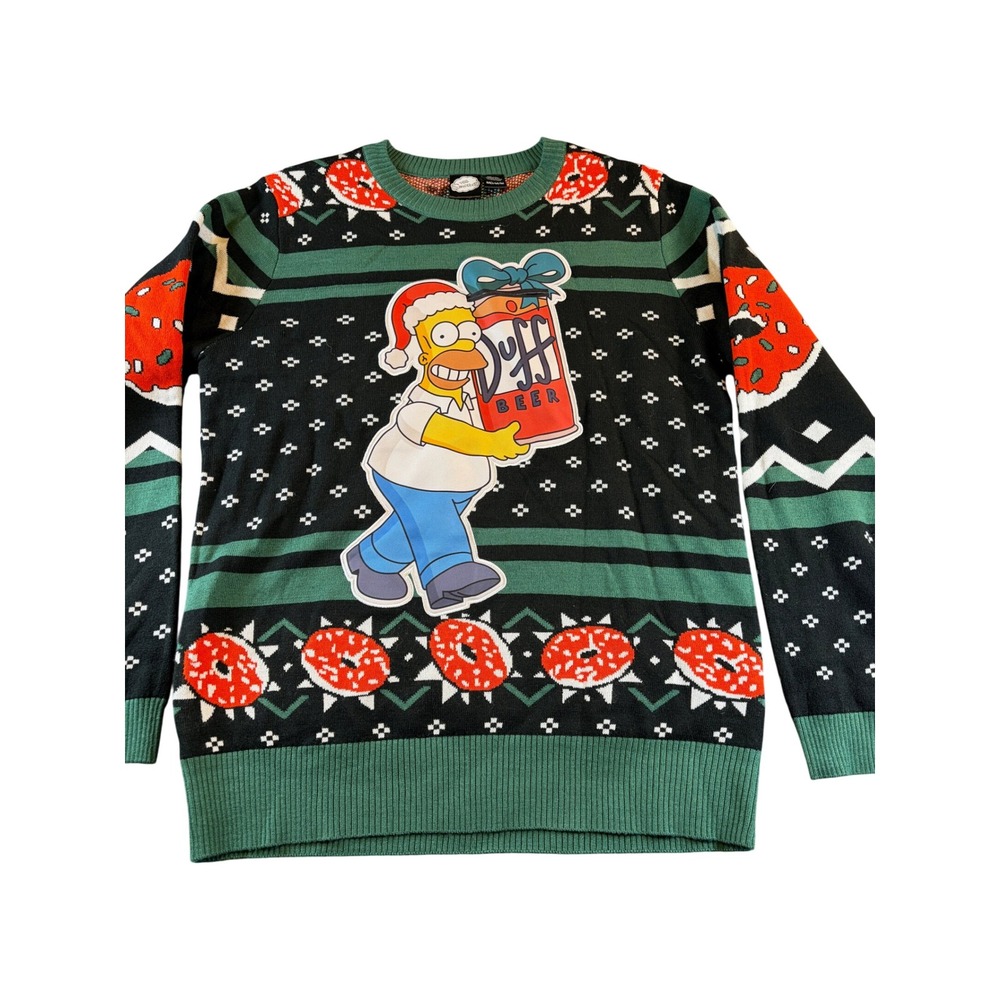 The Simpsons Homer Duff Beer Holiday Sweater Mens Medium Green Black Donuts